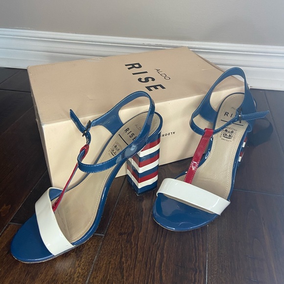 Aldo Handmade 4 1/2” Leather High Heel Sandals Size 7- Red, White and Blue - Picture 3 of 7